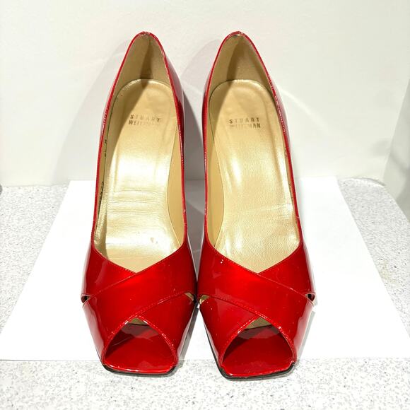 Stuart Weitzman dressy shoes 9.5M red patent open toe high stiletto heel pumps - Picture 3 of 10